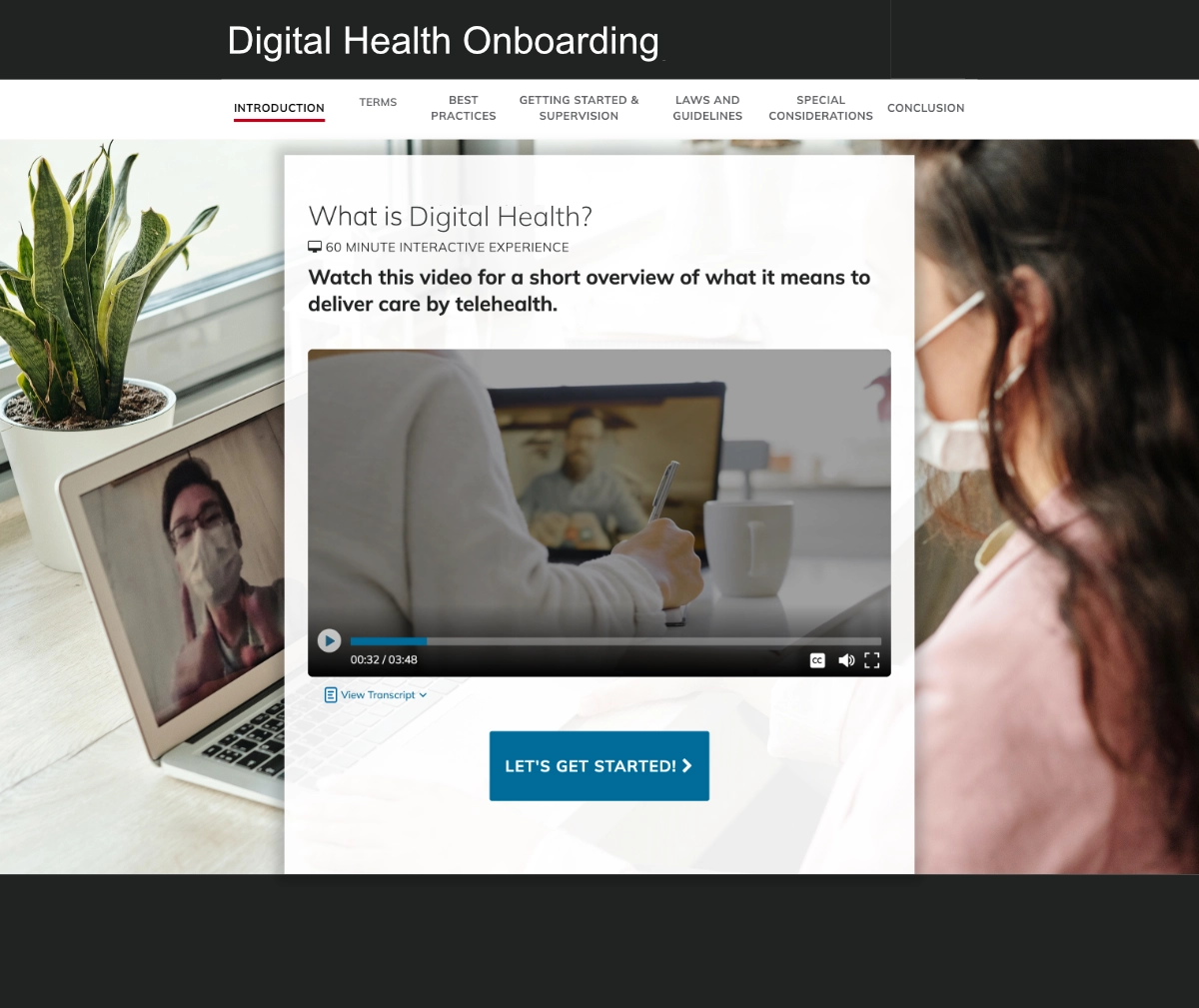 Digital Health Onboarding introduction screen with video overlay.